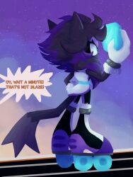  anthro blue_eyes domestic_cat fan_character felid feline felis female fluffy fur gem grey_body grey_fur hi_res highlights_(coloring) looking_away mammal monoexart purple_highlights roller_skates sega silver_bracelet sol_emerald solo sonic_the_hedgehog_(series) speech_bubble vendetta_the_vandal 