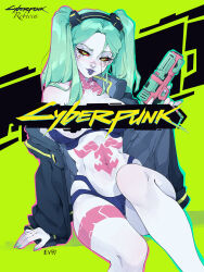  artificial_eye bra character_name colored_sclera colored_skin copyright_name cyberpunk_(series) cyberpunk_edgerunners cyborg emmanuel_viola english_commentary grey_hair gun handgun headband holding holding_gun holding_weapon leg_tattoo lipstick looking_at_viewer makeup mechanical_eye neck_tattoo off_shoulder panties pink_tattoo rebecca_(cyberpunk) red_pupils red_sclera samurai_jacket_(cyberpunk) signature sitting stomach_tattoo strapless strapless_bra tattoo twintails two-tone_background underwear weapon white_skin yellow_eyes 