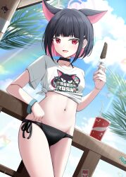  absurdres animal_ears beach bikini bikini_under_clothes black_bikini black_hair blue_archive breasts cat_ears cloud cloudy_sky colored_inner_hair cup female food highres holding holding_food kamesys kazusa_(band)_(blue_archive) kazusa_(blue_archive) light_rays multicolored_hair navel official_alternate_costume palm_tree pink_hair shirt sky solo stomach swimsuit tied_shirt tree white_shirt 