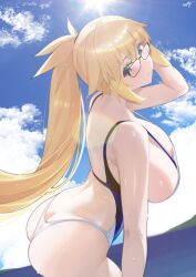  absurdres ass bare_shoulders blonde_hair blue_eyes blue_sky breasts cleavage fate/grand_order fate_(series) female glasses high_ponytail highres jeanne_d&#039;arc_(fate) jeanne_d&#039;arc_(swimsuit_archer)_(fate) jeanne_d&#039;arc_(swimsuit_archer)_(second_ascension)_(fate) kurozawa_yui large_breasts long_hair looking_at_viewer one-piece_swimsuit sideboob sky solo swimsuit thighs variant_set very_long_hair white_one-piece_swimsuit 