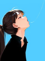  black_shirt blue_background brown_eyes brown_hair female half-closed_eyes highres long_hair original ponytail shirt simple_background solo suggestive_fluid tongue tongue_out warabino_matsuri 