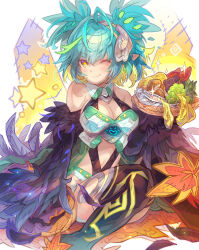  ;) bare_shoulders black_thighhighs black_wings blonde_hair blue_hair bowl breasts brown_eyes cleavage closed_mouth commentary_request commission feathered_wings female fish food fruit grapes green_hair hair_between_eyes haku_(sabosoda) harpy highres holding holding_bowl looking_at_viewer medium_breasts monster_girl multicolored_hair one_eye_closed original skeb_commission smile solo star-shaped_pupils star_(symbol) streaked_hair symbol-shaped_pupils thighhighs twintails two-tone_hair white_background wings 