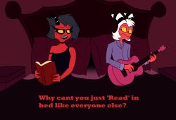  anthro bed book clothing demon domestic_scene duo female furniture guitar helluva_boss hi_res humanoid humor imp male male/female married_couple millie_(helluva_boss) moxxie_(helluva_boss) musical_instrument pajamas plucked_string_instrument reachahighernoon string_instrument under_covers 