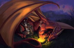  ambiguous_gender anthro blue_eyes bra campfire canid canine canis closed_eyes clothing detailed_background digital_media_(artwork) digital_painting_(artwork) dragon duo female feral fire humanoid kaislair knight mammal melee_weapon mountain mythological_creature mythological_scalie mythology night niruen_(blackinkwolf) outside panties raining scalie sleeping spread_legs spreading sword underwear wallpaper warrior weapon wet wings wolf yuki_(blackinkwolf) 