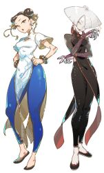  2girls a.k.i._(street_fighter) black_hair blue_pants bracelet bridal_gauntlets chun-li claw_(weapon) double_bun earrings flats hair_bun hair_over_one_eye hair_ribbon jewelry multiple_girls official_art pale_skin pants pearl_earrings pelvic_curtain ribbon scale_print street_fighter street_fighter_6 takayuki_nakayama tassel tassel_earrings tight_clothes tight_pants weapon white_hair 