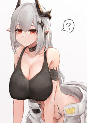  :/ ? absurdres arknights armband bare_shoulders black_armband black_bandages black_choker black_horns black_tank_top breasts choker cleavage closed_mouth collarbone cowboy_shot crop_top ear_piercing eyelashes female gradient_background grey_hair hair_between_eyes hair_ornament highres horns infection_monitor_(arknights) jumpsuit jumpsuit_around_waist large_breasts leaning_forward long_hair looking_at_viewer material_growth mudrock_(arknights) no_panties open_jumpsuit oripathy_lesion_(arknights) piercing pointy_ears red_eyes solo spoken_question_mark srn_ana standing straight_hair tank_top white_background white_jumpsuit 