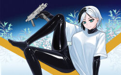  absurdres aqua_eyes b&amp;t_mp9 black_bodysuit black_hair bodysuit breasts closed_mouth doge english_commentary female gun highres holding holding_gun holding_weapon latex latex_bodysuit light_smile looking_at_viewer miles2213x multicolored_hair original shirt short_hair sitting solo sticker submachine_gun t-shirt trigger_discipline two-tone_hair vegetation weapon white_hair white_shirt 