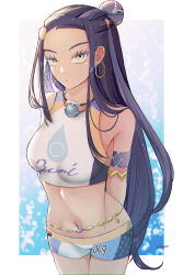  armlet bare_shoulders belly_chain bike_shorts black_hair breasts commentary_request cowboy_shot crop_top earclip earrings female hair_bun highres hoop_earrings jewelry kagi0487_(weiss_9610) long_hair looking_at_viewer midriff navel nessa_(pokemon) pokemon pokemon_swsh sideocks single_hair_bun solo sports_bra 