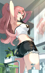  adjusting_hair amillion_(zenless_zone_zero) armpits ass bathroom black_shorts breasts cowboy_shot crop_top female from_below from_side green_eyes hair_ornament hairclip large_breasts long_hair looking_at_viewer midriff mirror nicole_demara niihatigounana pink_hair reflection short_shorts shorts solo thighs twintails zenless_zone_zero 