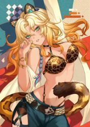  absurdres animal_ears animal_print arm_up bad_anatomy blonde_hair bracelet braid breasts chinnpou drop_shadow female genshin_impact green_eyes highres jewelry large_breasts long_hair looking_at_viewer navel off_shoulder parted_lips single_bare_shoulder solo stomach tail tiger_ears tiger_print tiger_tail very_long_hair xilonen_(genshin_impact) 