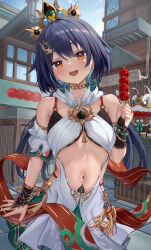  absurdres architecture armpit_crease bare_shoulders blush breasts chinese_clothes commentary detached_sleeves diting_(honkai:_star_rail) earrings east_asian_architecture female green_skirt grey_hair hair_between_eyes hair_ornament hairclip headpiece highres holding holding_skewer honkai:_star_rail honkai_(series) jewelry long_hair looking_at_viewer low_twintails midriff navel open_mouth red_nails short_sleeves single_earring skewer skirt small_breasts smile solo stomach tanghulu twintails wrist_guards xia_0328 yellow_eyes yunli_(honkai:_star_rail) 