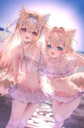  2girls absurdres alternate_costume animal_ear_fluff animal_ears bare_shoulders beach bikini blonde_hair blue_eyes blue_hair blurry blurry_background breasts cleavage collarbone cowboy_shot dog_ears dog_girl dog_tail fuwawa_abyssgard highres hololive hololive_english kakuma_aru large_breasts long_hair mococo_abyssgard multicolored_hair multiple_girls ocean pink_eyes pink_hair siblings sisters small_breasts streaked_hair sunlight swimsuit tail twins two-tone_hair virtual_youtuber white_bikini 