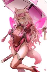  absurdres animal_ears blonde_hair breasts cleavage elbow_gloves eyewear_on_head fate/grand_order fate_(series) female fox_ears fox_girl gloves gradient_hair highres holding holding_umbrella large_breasts leotard long_hair looking_at_viewer multicolored_hair one_eye_closed ootato pink_gloves pink_hair pink_leotard race_queen see-through_clothes smile star_on_cheek sunglasses suzuka_gozen_(fate) suzuka_gozen_(swimsuit_rider)_(fate) suzuka_gozen_(swimsuit_rider)_(first_ascension)_(fate) tan umbrella yellow_eyes 