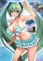  aqua_eyes aqua_hair arm_up armpits bikini bikini_skirt breasts cleavage collarbone female hatsune_miku highres long_hair looking_at_viewer microskirt midriff navel open_mouth oyaman pool skirt smile solo swimsuit tagme twintails very_long_hair vocaloid 