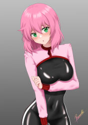  absurdres arm_under_breasts black_bodysuit blush bodysuit breasts commission commissioner_upload covered_navel cowboy_shot female green_eyes grey_background head_tilt highres jacket latex latex_bodysuit lenak_(benit149) looking_at_viewer medium_breasts original parted_lips pink_hair pink_jacket pixiv_commission raised_eyebrows ramiki_(ramesgoag) shiny_clothes short_hair shy signature simple_background skin_tight solo standing thighs 