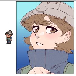  adorable angler_(terraria) anime_style biting_lip biting_own_lip blush brown_eyes brown_hair cute_face hat pretty_boy 