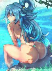  aqua_(konosuba) ass bare_shoulders bikini blue_eyes blue_hair breasts feet_out_of_frame female hair_ornament highres jgaelie kono_subarashii_sekai_ni_shukufuku_wo! long_hair looking_at_viewer looking_back sitting smile soaking_feet string_bikini swimsuit thick_thighs thighs 