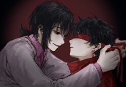  2boys black_eyes black_hair blindfold chinese_commentary closed_mouth commentary_request earrings grey_jacket highres jacket jewelry li_yuting_(male) long_sleeves male_focus mo_chengwei mole mole_under_mouth multiple_boys pink_shirt red_blindfold red_shirt shichuan shirt short_hair smile touqi_guaitan 