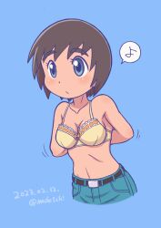  adjusting_bra adjusting_clothes animated animated belt black_belt blue_eyes bra breasts brown_hair commentary_request dated denim female inuyama_kinko jeans medium_breasts mochi-iri_kinchaku motion_lines navel osomatsu-san osomatsu_(series) pants short_hair signature solo translation_request underwear yellow_bra 