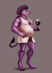  alcohol anthro belly belly_overhang beverage bulge container cup drinking_glass felid glass glass_container glass_cup hair hi_res lion male mammal nebuchadnezzar pantherine purple_body purple_eyes solo tied_hair weirdmarks wine wine_glass 