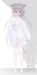  absurdres animal_ears barefoot breasts cat_ears cat_girl cat_tail dress_shirt female full_body gaarya grey_hair hand_up highres long_hair long_sleeves looking_at_viewer naked_shirt no_bra off_shoulder original oversized_clothes oversized_shirt partially_unbuttoned see-through_silhouette shadow shirt sleeves_past_fingers sleeves_past_wrists small_breasts tail two_side_up very_long_hair white_shirt 