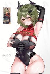  :/ absurdres arm_behind_head arm_up armpits artist_name badkrol bare_shoulders black_choker black_gloves black_horns black_leotard black_thighhighs blush breasts caesar_king_(zenless_zone_zero) choker cleavage covered_navel cropped_shirt elbow_gloves female gloves green_hair hair_between_eyes hair_intakes hair_ornament hand_on_own_chest highres horns jewelry large_breasts leotard long_hair looking_at_viewer nail_polish photo_inset red_shirt reference_inset shirt single_elbow_glove sleeveless sleeveless_turtleneck solo thigh_gap thighhighs thighs turtleneck twitter_username v-shaped_eyebrows x_hair_ornament yellow_eyes zenless_zone_zero 