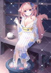  animal_ear_fluff animal_ears bare_shoulders blue_flower blue_nails blush breasts chitetan closed_mouth commentary_request female fireworks flower foot_bath hair_flower hair_ornament holding holding_fireworks japanese_clothes kayari_buta kimono long_hair long_sleeves medium_breasts nail_polish obi off_shoulder original pink_hair purple_eyes purple_hair sash senkou_hanabi smile solo sparkler striped_clothes striped_kimono tail vertical-striped_clothes vertical-striped_kimono water wide_sleeves 