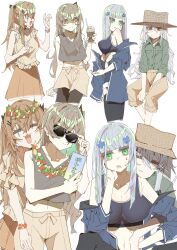  4girls :3 absurdres alternate_costume blue_jacket breasts brown_eyes brown_hair closed_mouth commentary criss-cross_halter e_sky_rugo flower flower_necklace flower_wreath g11_(girls&#039;_frontline) girls&#039;_frontline green_eyes grey_hair halterneck hat highres hk416_(girls&#039;_frontline) jacket long_hair looking_at_another looking_at_viewer multiple_girls multiple_views navel off_shoulder one_side_up open_clothes open_jacket open_mouth parted_lips red_eyes scar scar_across_eye shorts simple_background skirt smile straw_hat sunglasses twintails ump45_(girls&#039;_frontline) ump9_(girls&#039;_frontline) white_background yellow_eyes 