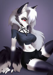  5_fingers anthro black_bottomwear black_clothing black_nose bottomwear breasts canid canid_demon canine canis chemodanchik claws clothing collar demon eyebrows eyeshadow female finger_claws fingers fluffy fluffy_tail fur grey_hair hair hair_over_eye hair_over_face hellhound helluva_boss hi_res inner_ear_fluff long_hair looking_at_viewer loona_(helluva_boss) makeup mammal multicolored_body multicolored_fur mythological_canine mythological_creature mythology narrowed_eyes navel pupils red_sclera simple_background sitting solo spiked_collar spikes tail topwear tuft two_tone_body two_tone_fur white_body white_eyes white_hair wolf 