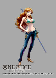  bikini bikini_top_only breasts brown_eyes brown_hair denim female green_bikini grey_background high_heels holding holding_polearm holding_weapon jeans large_breasts long_hair nami_(one_piece) nansui_kinoko navel one_piece one_piece_card_game pants polearm simple_background solo standing swimsuit weapon 