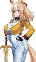  animal_ears blonde_hair blue_eyes bodysuit commentary_request durandal_(umamusume) ear_covers epaulettes female frilled_bodysuit hair_between_eyes highres holding holding_sword holding_weapon horse_ears horse_girl horse_tail long_hair looking_at_viewer multicolored_hair simple_background single_ear_cover solo stmoon sword tail two-tone_hair umamusume weapon white_background white_bodysuit white_hair 