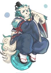  agyo_(tas) anthro asian_clothing asian_mythology belly clothing east_asian_clothing east_asian_mythology foo_dog footwear fur hi_res japanese_clothing japanese_mythology komainu lifewonders male mammal mythology popcornduck2 sandals shoes slightly_chubby socks solo tabi_socks tokyo_afterschool_summoners white_body white_fur yokai 