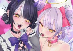  2girls angel_wings bare_shoulders basedkawaii black_hair blunt_bangs blush bow choker collar cross demon_horns double-parted_bangs double_bun dress gothic_lolita grey_dress hair_bun hairbow halo harness heart heart-shaped_hair heart_hair_bun horns lolita_fashion looking_at_viewer mini_wings multicolored_background multicolored_hair multiple_girls o-ring o-ring_choker o-ring_collar o-ring_harness open_mouth original parted_bangs piercing purple_bow purple_hair purple_horns red_bow red_collar short_hair single_strap smile spaghetti_strap streaked_hair tongue_piercing upper_body white_hair wings yellow_eyes 