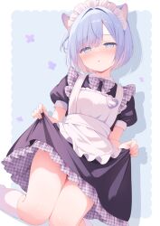  :o animal_ear_fluff animal_ears apron black_dress blue_eyes blue_hair blush border bow cat_ears clothes_lift commission dot_nose dress dress_lift drop_shadow dutch_angle frills hair_intakes highres kneeling knees_together_feet_apart legs_together maid_apron maid_headdress medium_dress name_tag original outside_border plaid_bow plaid_clothes plaid_dress puffy_short_sleeves puffy_sleeves raised_eyebrows short_hair short_sleeves skeb_commission socks straight_hair uki_(fuyuu_03) white_apron white_border white_headdress white_socks 