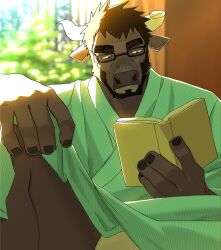  2024 2_horns anthro biped book bovid bovine broken_horn brown_body brown_fur cattle curved_horn eyewear fur glasses hi_res horn male mammal muscular muscular_anthro muscular_male nomifuki reading reading_book solo wearing_glasses 