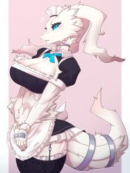  absurd_res anthro biped blue_eyes border breasts cleavage clothed clothing eyelashes female fur generation_5_pokemon glistening glistening_body hi_res legendary_pokemon maid_uniform nintendo open_mouth pink_background pokemon pokemon_(species) reshiram ricky945 side_view simple_background solo tail uniform white_body white_border white_fur white_tail 