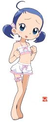  ahoge alternate_hairstyle bloomers blue_eyes blue_hair breasts c1_(70904919) female flat_chest forehead highres navel ojamajo_doremi open_mouth senoo_aiko short_hair simple_background small_breasts twintails underwear white_background 