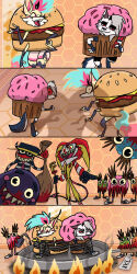  anthro burger burger_costume canid canid_demon canine cheeseburger_costume clothing costume cupcake cupcake_costume demon female fizzarolli_(helluva_boss) food food_costume fox_spirit grabbersparlour group hellhound helluva_boss hi_res imp loona_(helluva_boss) male mammal mythological_canine mythological_creature mythology queen_bee-lzebub_(helluva_boss) trio 