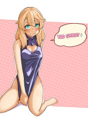  absurdres bare_shoulders barefoot blonde_hair blue_eyes blush breasts bridget china_dress chinese_clothes cleavage cleavage_cutout clothing_cutout dress female guilty_gear guilty_gear_strive highres long_hair no_panties sitting sugajyun 