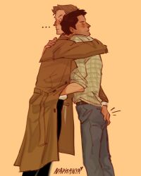  ... 2boys angel beard_stubble black_hair blonde_hair blue_eyes blush castiel closed_eyes coat dean_winchester facial_hair feet_out_of_frame freckles grabbing_another&#039;s_ass green_eyes groping hand_under_clothes highres hug looking_at_another male_focus mature_male multiple_boys nahpkmp raised_eyebrow short_hair simple_background stubble supernatural_(tv_series) trench_coat yaoi yellow_background 