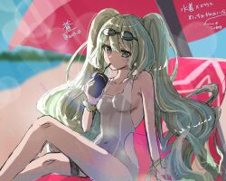  ao_e_k bare_legs beach beach_chair beach_umbrella breasts cleavage collarbone covered_navel cup drinking drinking_straw female goggles goggles_on_head green_hair grey_one-piece_swimsuit highres holding holding_cup honkai_(series) honkai_impact_3rd legs mobius_(honkai_impact) ocean official_alternate_costume one-piece_swimsuit sand sideboob slit_pupils small_breasts solo swimsuit thigh_strap translation_request umbrella unfinished 