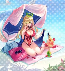  bare_legs blonde_hair blush breasts cleavage cushion dainsleif_(phantom_of_the_kill) earrings female fire floating_crown flower full_body green_eyes green_fire green_nails hair_between_eyes jewelry large_breasts long_hair looking_at_viewer nail_polish official_alternate_costume official_art one-piece_swimsuit open_mouth parasol phantom_of_the_kill red_flower red_one-piece_swimsuit red_petals red_rose rose second-party_source shibuhiko solo stud_earrings sunglasses swimsuit umbrella 