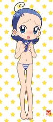  ahoge bikini blue_eyes blue_hair blush c1_(70904919) female flat_chest forehead highres micro_bikini navel ojamajo_doremi scarf senoo_aiko short_hair simple_background star_(symbol) striped_bikini striped_clothes swimsuit thigh_gap white_background 