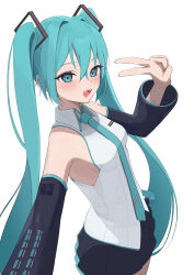  absurdres aqua_eyes aqua_hair aqua_nails aqua_necktie black_skirt black_sleeves collared_shirt crossed_bangs detached_sleeves from_side funakinuta hair_intakes hatsune_miku highres long_hair long_sleeves nail_polish necktie number_tattoo open_mouth pleated_skirt shirt shoulder_tattoo simple_background skirt sleeveless sleeveless_shirt tattoo teeth twintails upper_body upper_teeth_only v very_long_hair vocaloid white_background white_shirt 