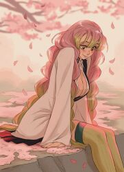  breasts cherry_blossoms cleavage closed_mouth commentary english_commentary falling_petals female green_eyes green_hair green_thighhighs hair_between_eyes haori highres itslopezz japanese_clothes kanroji_mitsuri kimetsu_no_yaiba looking_down mole multicolored_hair petals pink_hair quad_braids sitting smile solo thighhighs two-tone_hair 