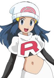  :d beanie black_gloves blue_eyes blue_hair dawn_(pokemon) elbow_gloves female gloves hainchu hat highres long_hair looking_at_viewer midriff navel open_mouth pokemon pokemon_(anime) simple_background skirt smile solo team_rocket team_rocket_uniform white_background white_hat white_skirt 