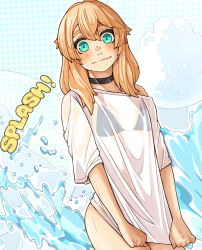  1boy absurdres blonde_hair blue_eyes breasts bridget choker guilty_gear guilty_gear_strive highres medium_breasts ocean otoko_no_ko see-through_clothes shirt sugajyun t-shirt translation_request waving 