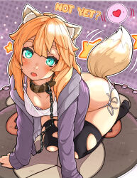  absurdres animal_ears bikini blonde_hair blue_eyes bra breasts bridget chains collar crop_top female guilty_gear guilty_gear_strive highres hood hooded_vest hoodie leash looking_at_viewer open_mouth sitting sugajyun swimsuit tail thighhighs underwear vest 