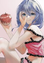  :q apple bare_shoulders blue_eyes blue_hair blue_nails blush breasts camisole cleavage crop_top female food frilled_camisole frilled_shorts frills fruit hair_between_eyes hand_on_own_face hatsune_miku highres holding holding_food holding_fruit hxk4_n licking_lips looking_at_viewer medium_breasts medium_hair midriff nail_polish navel pink_camisole polka_dot romeo_to_cinderella_(vocaloid) shorts simple_background sitting smile solo strap_slip tongue tongue_out vocaloid 