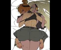  2girls @_@ barefoot black_gloves black_shirt black_sports_bra blonde_hair blush character_request copyright_request eyepatch gloves goggles goggles_on_head green_pants hair_bun highres long_hair lying_on_another multiple_girls ohta_guk_hip orange_hair pants red_eyes shirt short_hair sports_bra yellow_eyes yuri 